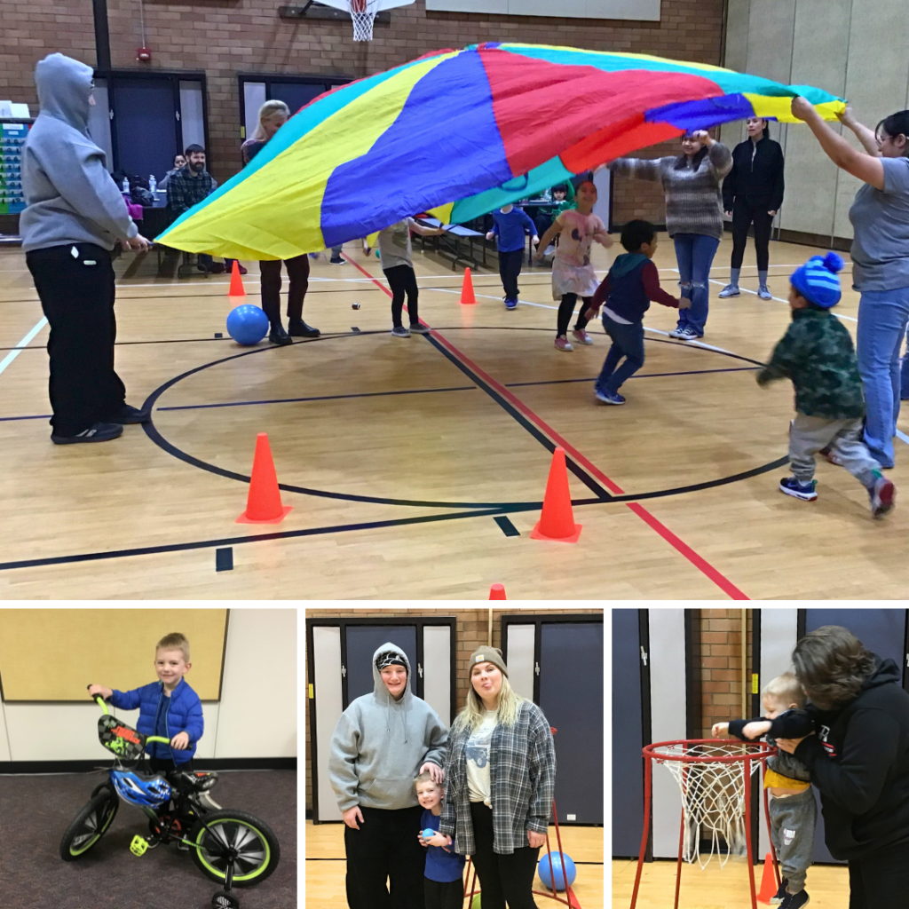 Families playing with parachutes at Fircrest's Family Gym Night