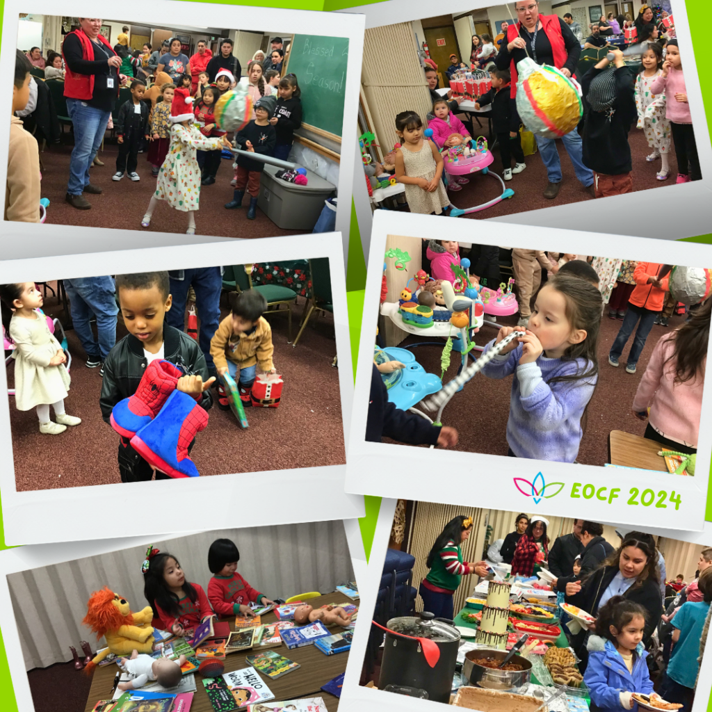 Kiddos happily receiving presents and playing with a pinata at Memorial Early Learning Center.